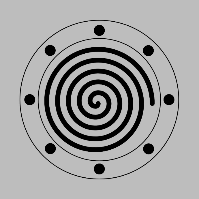 A grey shield sticker shows a spiral symbol