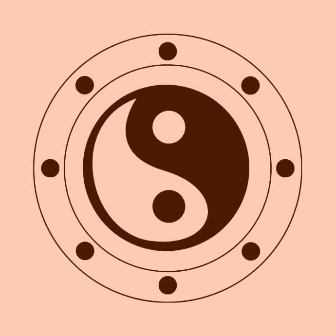 An orange shield sticker shows a yin-yang