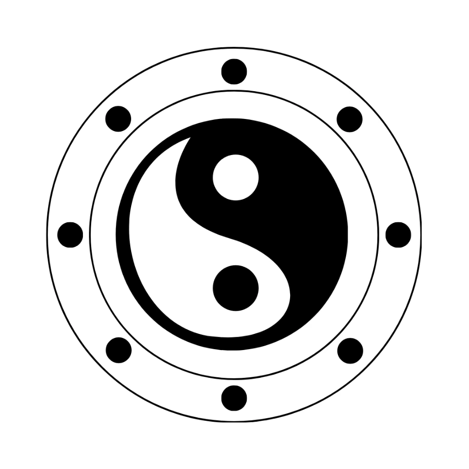 A yin-yang symbol inside a stylized shield.