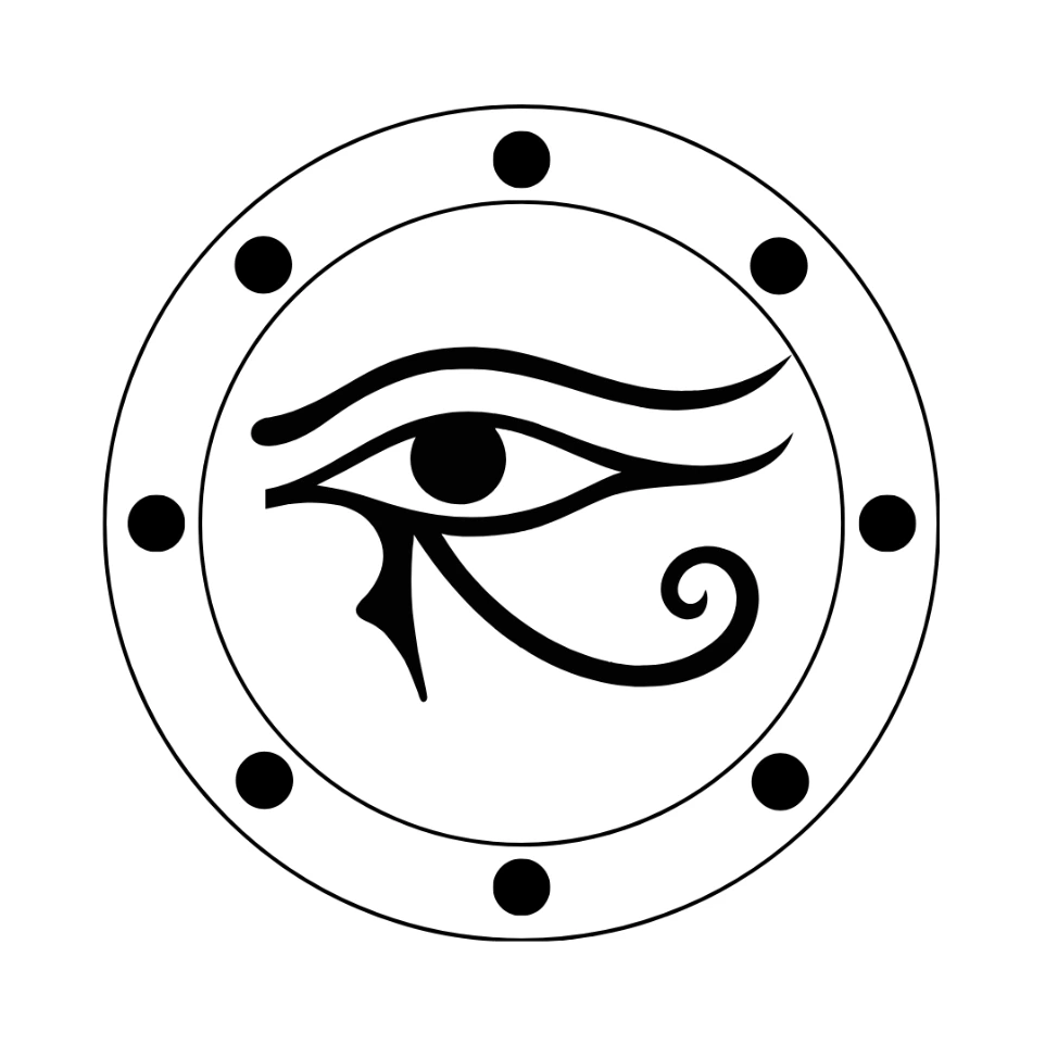 An eye of horus symbol inside a stylized shield
