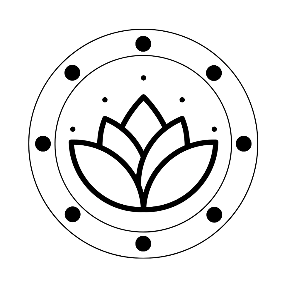 A stylized lotus flower inside a stylized shield