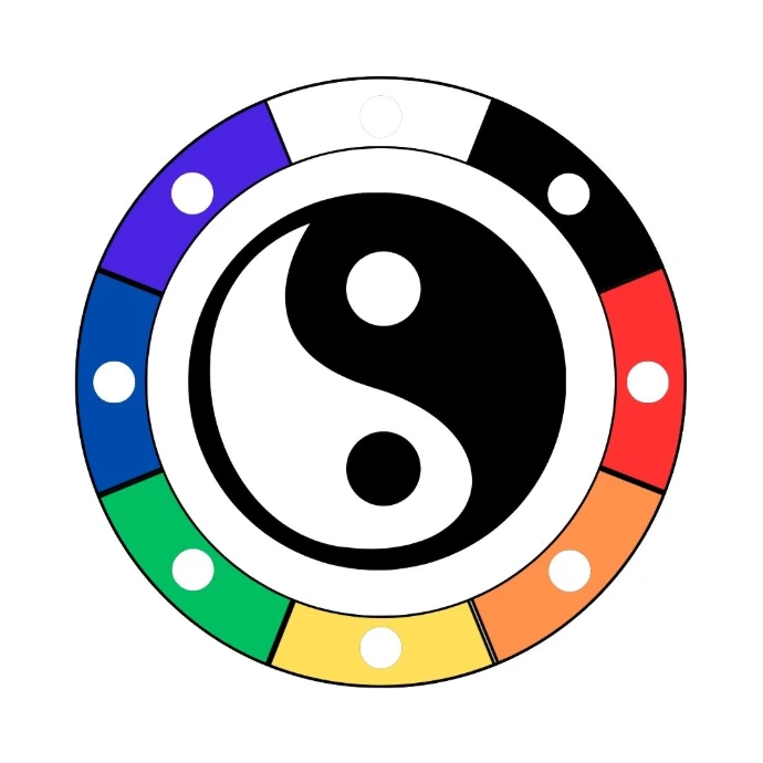 A stylized shield with a yin yang at the center and eight rainbow segments around the outer ring
