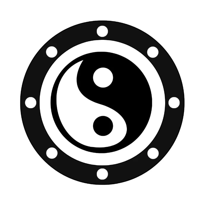 A stylized shield with a yin yang at the center and a black outer ring