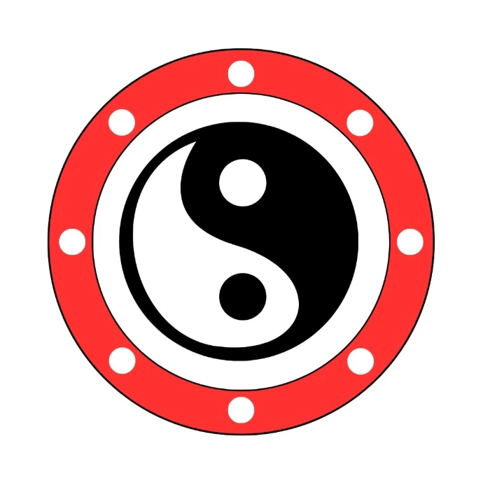 A stylized shield with a yin yang at the center and a red outer ring