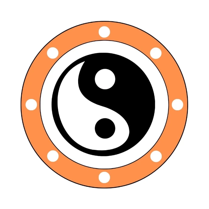 A stylized shield with a yin yang at the center and an orange outer ring