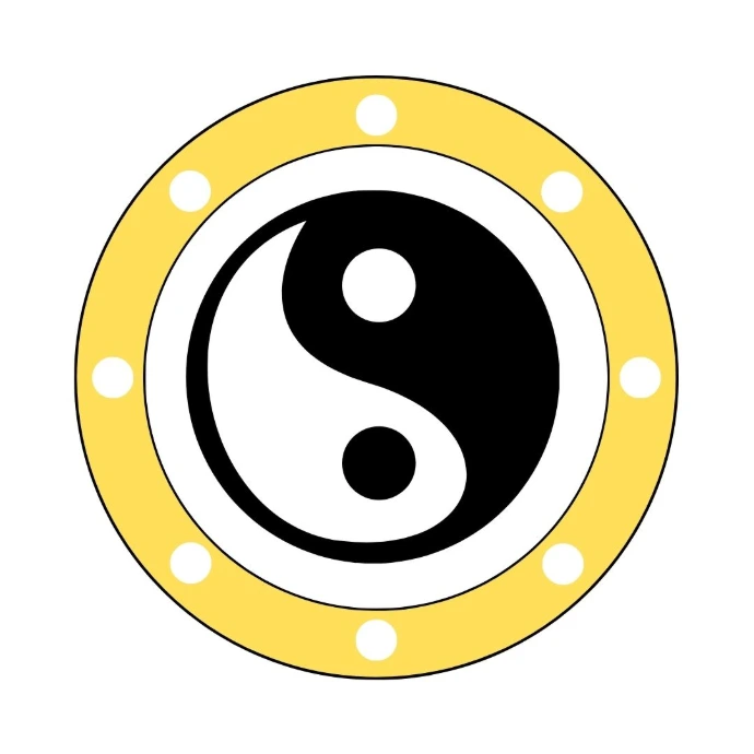 A stylized shield with a yin yang at the center and a yellow outer ring