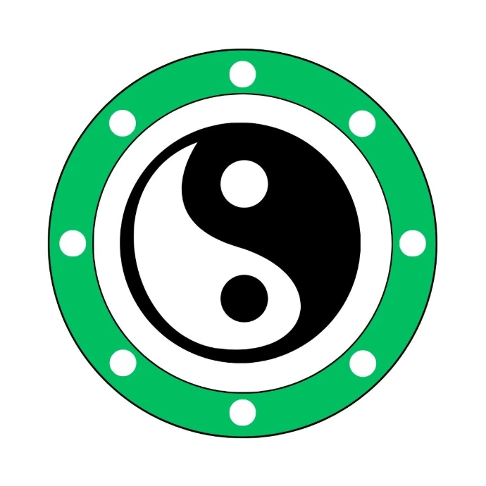 A stylized shield with a yin yang at the center and a green outer ring