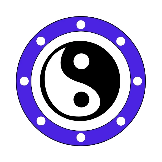 A stylized shield with a yin yang at the center and an indigo outer ring