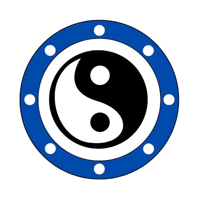 A stylized shield with a yin yang at the center and a blue outer ring