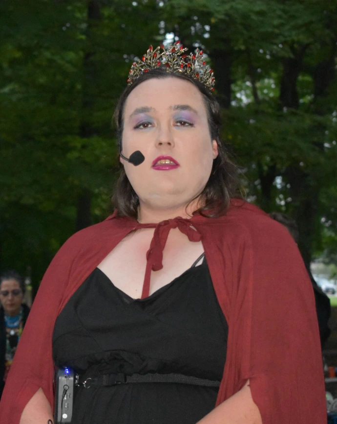 Invoked Goddess during ritual, wearing a microphone