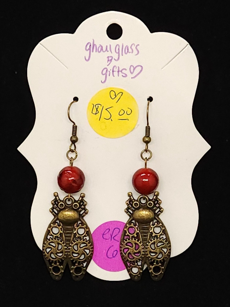 [5015051406] Red Steampunk Cicada Earrings (ER6)